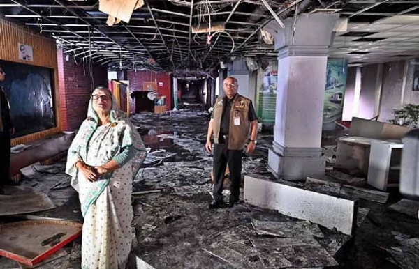 Hasina visited the vandalized BTV building