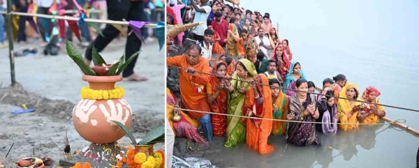 পাণ্ডুঘাটে ব্রহ্মপুত্রের তীরে ছটপূজার দৃশ্য পাণ্ডুঘাটে ব্রহ্মপুত্রের তীরে ছটপূজার দৃশ্য