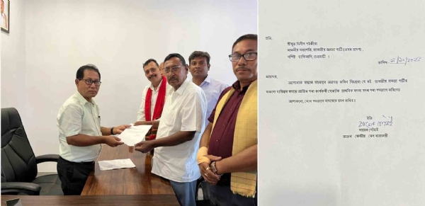 বিজেপির প্রদেশ সদর দফতরে জনৈক পদাধিকারীর হাতে পদত্যাগপত্র তুলে দিচ্ছেন রাজেন গোহাঁই