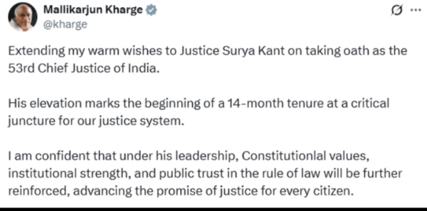 প্রধান বিচারপতি সূর্য কান্তকে শুভেচ্ছা কংগ্রেস সভাপতি খাড়গে-র