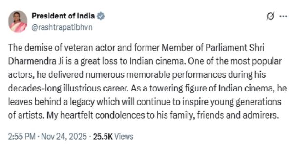 ধর্মেন্দ্রর প্রয়াণে শোকপ্রকাশ রাষ্ট্রপতির