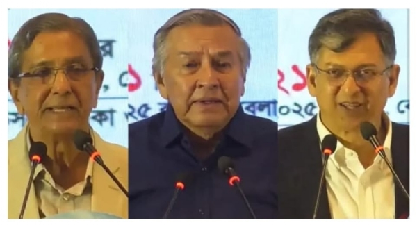 বাঁদিক থেকে প্রথম আলো সম্পাদক মতিউর রহমান,   ডেইলি স্টার-এর সম্পাদক মাহফুজ আনাম এবং বিএনপির যুগ্ম মহাসচিব সালাহউদ্দিন আহমেদ