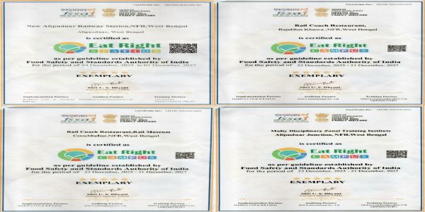 ‘ইট রাইট ক্যাম্পাস’ সার্টিফিকেশন অর্জন এনএফ রেলের অধীন আলিপুরদুয়ার ডিভিশন-এর