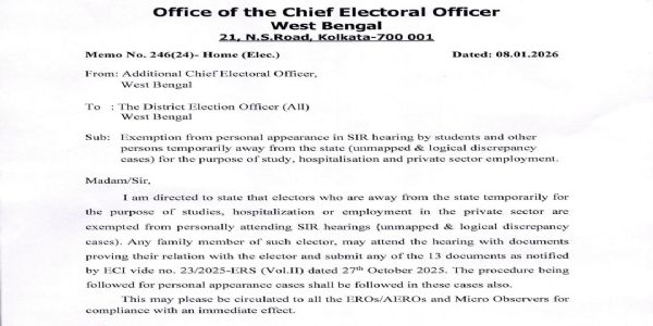 নানা শ্রেণীর ভোটদাতাকে এসআইআর-র শুনানীতে ব্যক্তিগত উপস্থিতি থেকে অব্যাহতি