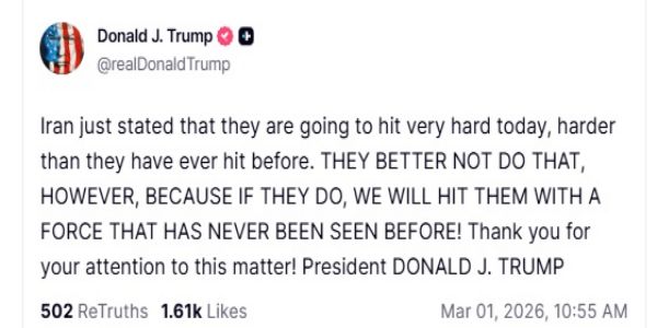 ইরানকে হুঁশিয়ারি ট্রাম্পের, প্রত্যাঘাত থেকে বিরত থাকার পরামর্শ