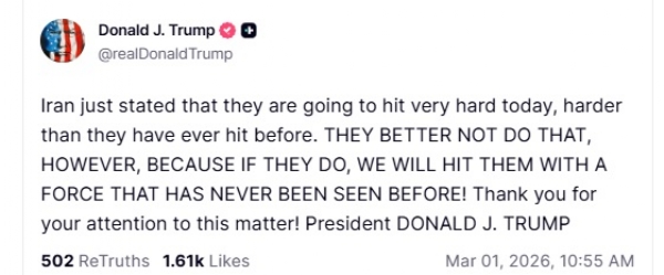 ইরানকে হুঁশিয়ারি ট্রাম্পের, প্রত্যাঘাত থেকে বিরত থাকার পরামর্শ