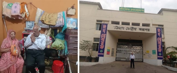 হাটহাজারির আশ্রমে চিন্ময়কৃষ্ণের মায়ের সঙ্গে সাক্ষাৎ রবীন্দ্র ঘোষের। পাশের ছবিতে চট্টগ্রাম কেন্দ্রীয় কারাগার।