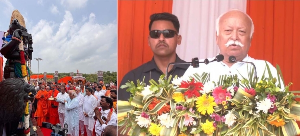 ‘মা চিন্ময়ী সৌন্দর্য মন্দির’-এর প্রাণপ্রতিষ্ঠা ও কুম্ভ-অভিষেক অনুষ্ঠানে বক্তব্য পেশ করছেন ডা. মোহন ভাগবত