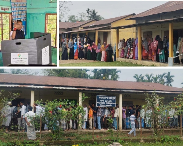 ভোট দিয়ে মন্ত্রী কৃষ্ণেন্দু পাল। অন্য ছবিতে সারিবদ্ধ   ভোটারগণ