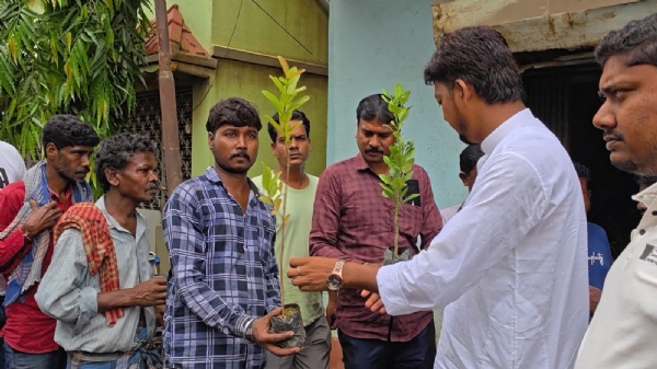 চারা গাছ তুলে দিচ্ছেন হেমন্ত বাগ